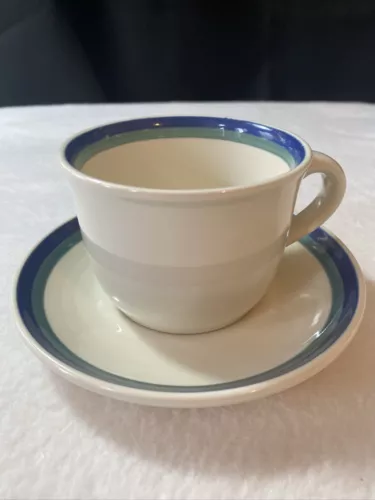 Pfaltzgraff Northwinds Coffee Tea Cup Blue Green Stripe Mug 6” Saucer USA 8 oz