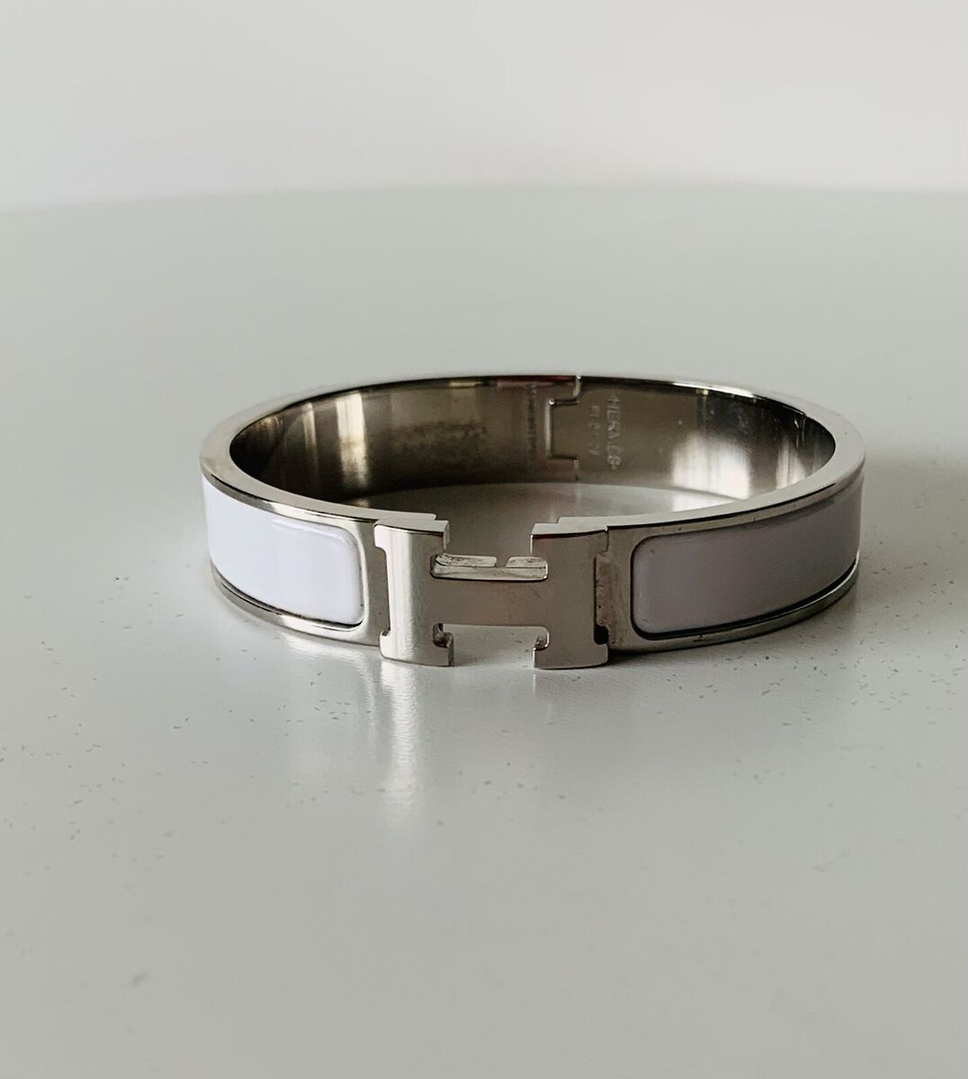 Hermes Bracelet Clic H Bangle White Enamel Silver Sz PM Hermes Bracelet Clic H Bangle White Enamel Silver Sz PM