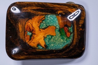 Vintage Handcrafted Wood Belt Buckle Brass Crushed Turquoise Inlay 2.5'' Unique