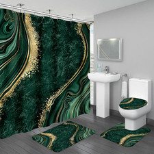 4PCS Emerald Green Gold Marble Shower Curtain Sets with Rugs, Abstract Bathroom
