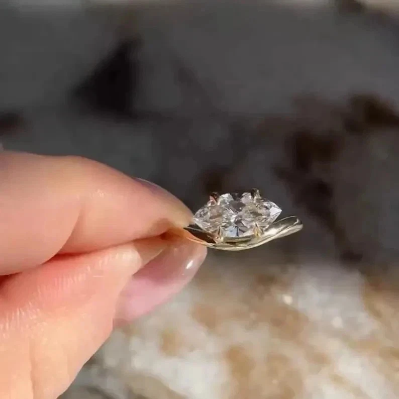 Vintage 1.50CT Marquise Moissanite East West Wedding Ring Solid 14k Yellow Gold - Image 3 of 4