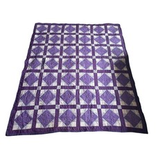 Handmade Purple  White Patchwork Quilt with Diamond Pattern 91x77  