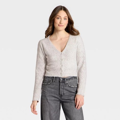 Women V-Neck Cozy Lace Cardigan Sweater - Universal Thread Light Gray M