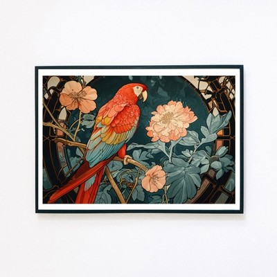 Papagei Tropischer Vogel Blumen Botanische Illustration 7x5 Wanddeko Kunstdruck 