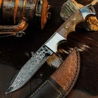 8.8" Damascus Camping EDC Knife Full Tang Wood Handle Fix Blade + Sheath