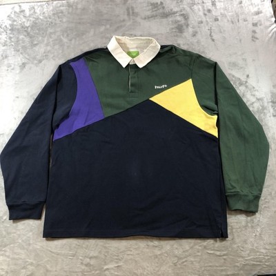 HUF Polo Shirt Mens XL Multicolor Colorblock Long Sleeve Rugby Skate Cotton