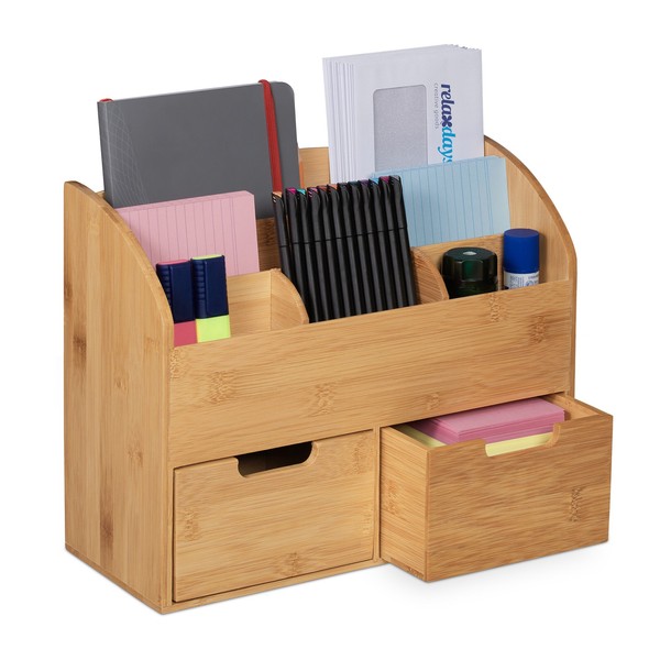 Schreibtisch Organizer Dokumenten Halter Bambus Ablage 6 FäCher 2 Schubladen-image