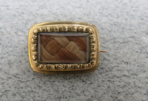 Small Victorian Mourning Brooch Woven Hair Gold Tone Fancy Frame C Catch Tube
