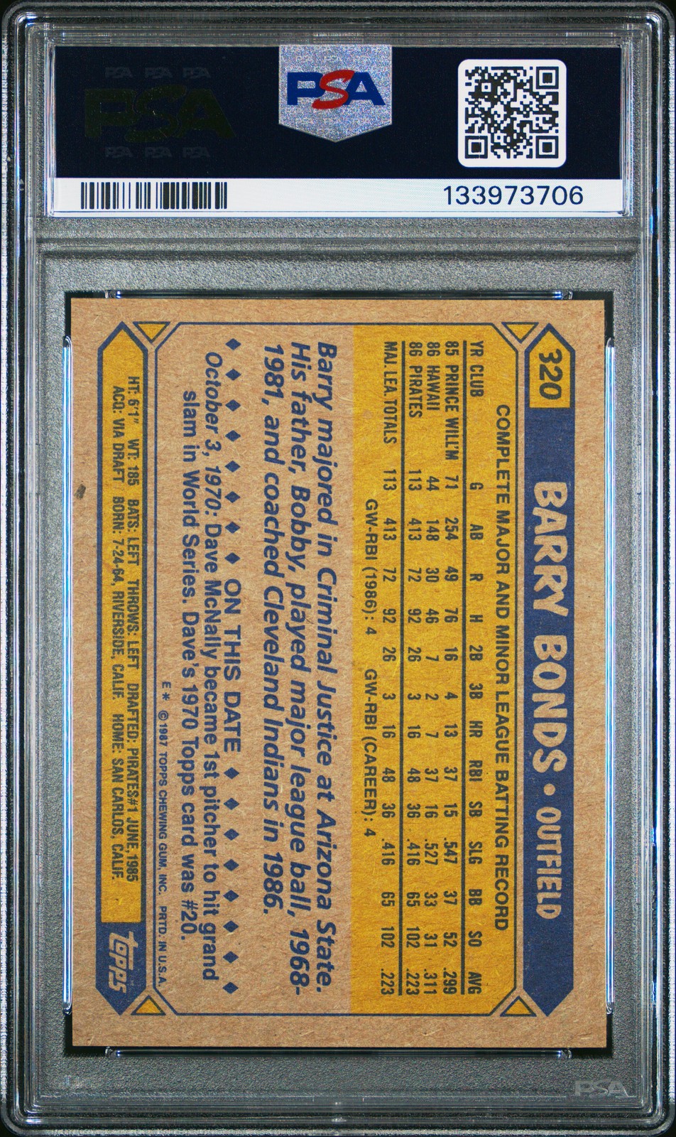 1987 TOPPS #320 BARRY BONDS ROOKIE RC PSA 5 view 2
