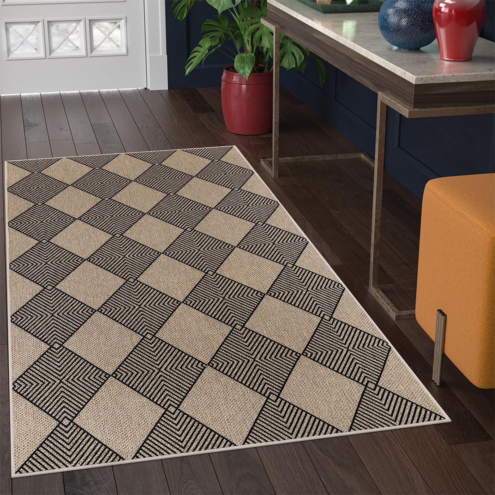 3x5 ft Washable Jute Rug Diamond Trellis Non-Slip Natural Doormat