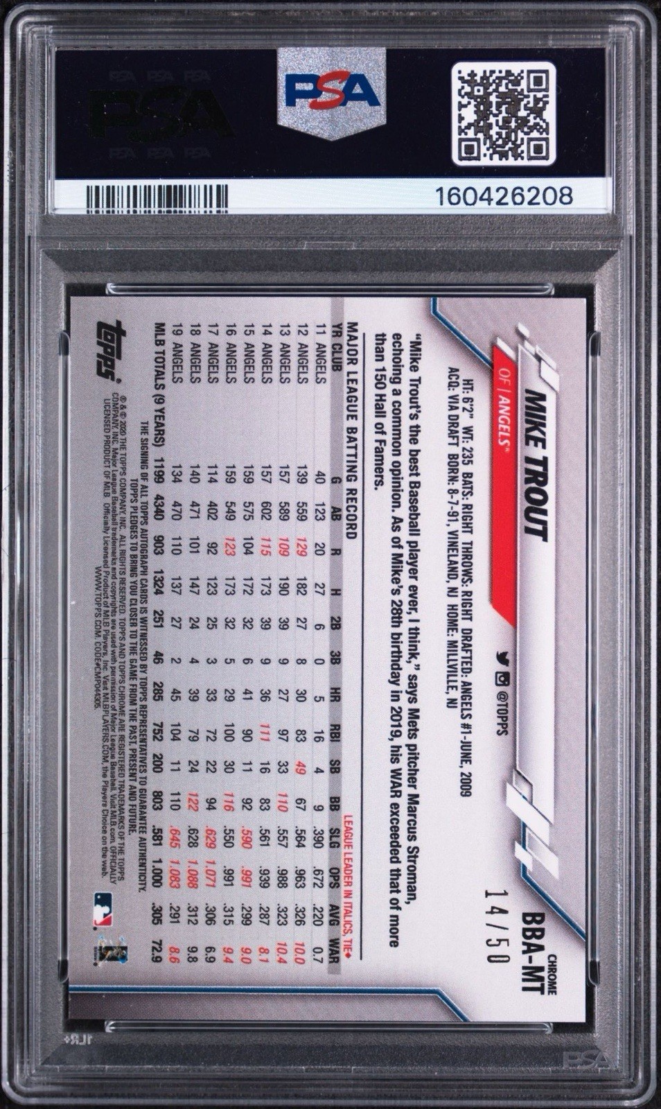 2020 Topps Chrome Mike Trout /50 Auto 10 PSA 9 view 2