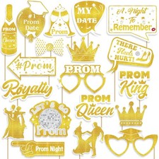 19 Pcs Prom Photo Booth Props Kit, White Gold Selfie Photo Props for Graduati...