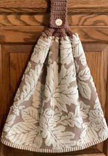 Double brown hanging kitchen towel Fall leaves acorn crocheted brown top