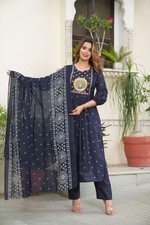 Women  s Navy Blue Embroidered Kurta Pant Dupatta Set Ethnic Festive Wear Outfit