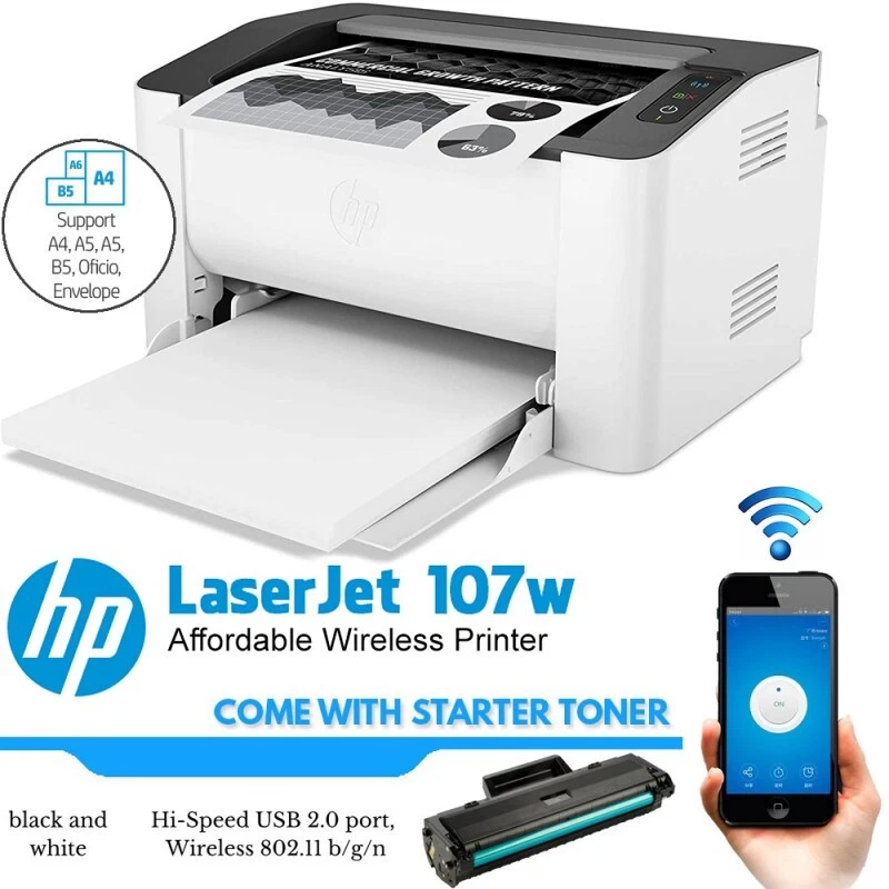 HP 107W 4ZB78A Wireless WiFi USB PC Laser Printer Complete with Toner