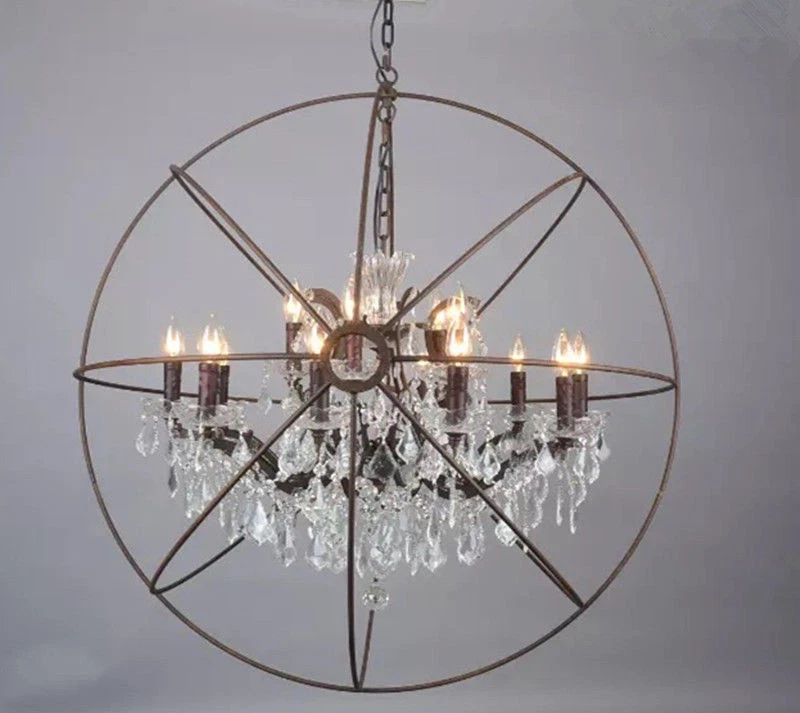 Vintage Orb Clear K9 Crystal Chandelier Rustic Iron Globe Ceiling
