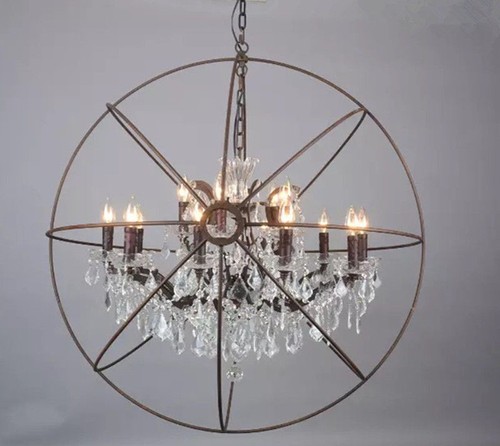 Foucault's Orb Clear K9 Crystal Chandelier Rustic Iron Globe Ceiling Lamp Light - Picture 2 of 13