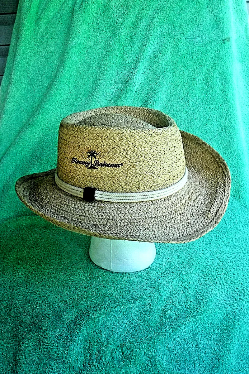 VINTAGE TOMMY BAHAMA SHADE MAKER EMBROIDERED 100 RAFFIA NATURAL HAT BAND AS IS