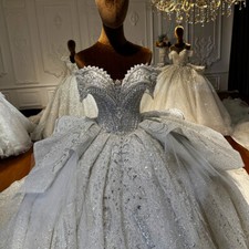 Blue Wedding Dresses Off Shoulder Beading Appliques Bow Puffy Sweep Train