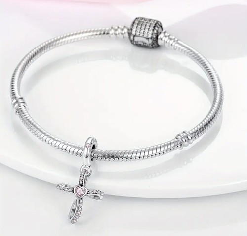 💖 Charm Anhänger Silber KREUZ ROSA Zirkonia für Pandora Armband Halskette 💖 - Bild 3 von 8
