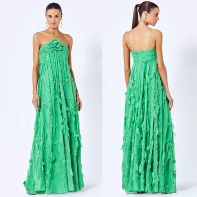 ALEXIS Sole Floral Appliquéd Chiffon Maxi Dress Emerald Green NEW with tags