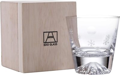 Edo Glass Mt. Fuji lowball glass in a wooden box -Moon and Snowflakes- ''NEW''