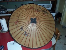 Vintage Asian Paper Parasol With Wood Frame Bluebirds Blue Jays  Cherry Blossom