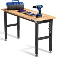 Adjustable Garage Workbench, 60x24 Rubber Wood Top Heavy-Duty with Power Outlets