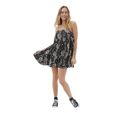 Urban Outfitters Lucia Black and Cream Floral Plisse Mini Dress Small Petite