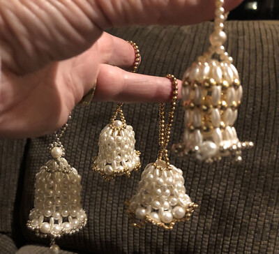 vintage hand beaded Pearl opalescent Gold  bell tree ornaments Set of 4
