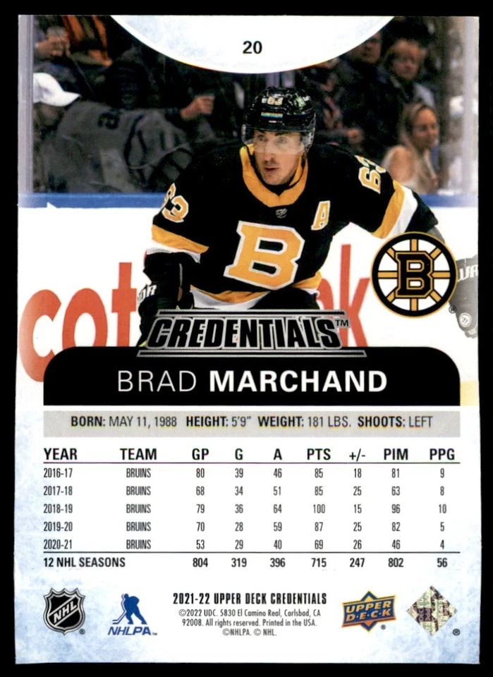 2021-22 UPPER DECK CREDENTIALS GREEN EMERALD BRAD MARCHAND 20/25 BOSTON BRUINS - Image 2 of 2
