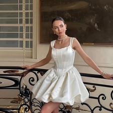 A-line Mini Satin Wedding Dress Sleeveless Simple Bride Dresses Beach Short