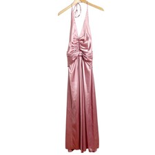 Jessica McClintock Pink Satin Halter Maxi Dress Ruched Prom Gown Womens 8