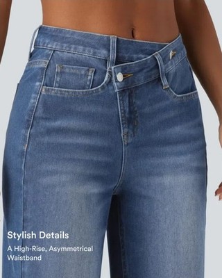 Halara Flex Denim Asymmetric High Waisted Baggy Legs Sz. L Tall #025