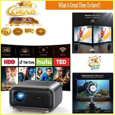 Portable 1080P 4K Support WiFi Bluetooth Projector Auto Focus Gaming Home The...