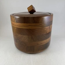Fitzhugh  Mid Century Modern BOHO Solid Walnut Ice Bucket W Glass Insert USA