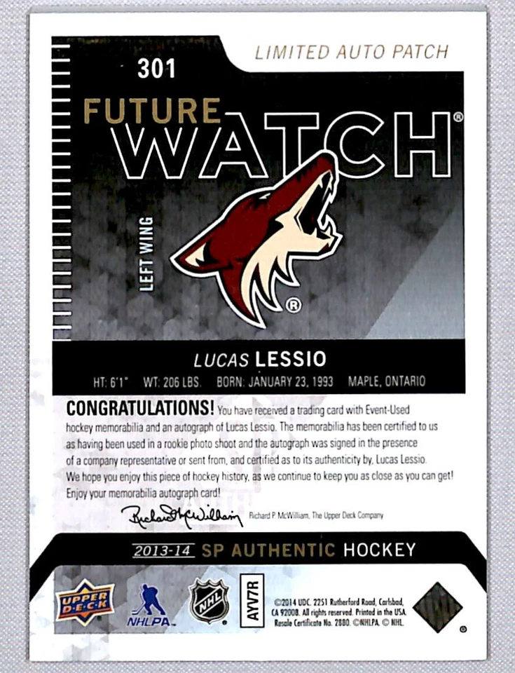2013-14 SP Authentic Future Watch Lucas Lessio Rookie Auto Patch /100 #301 - Image 2 of 2
