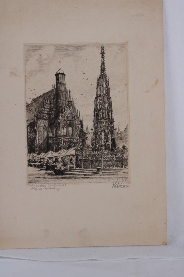 "Nuremberg's Hauptmarkt" grabado original grabado firmado Scheirer Foto 3 de 4