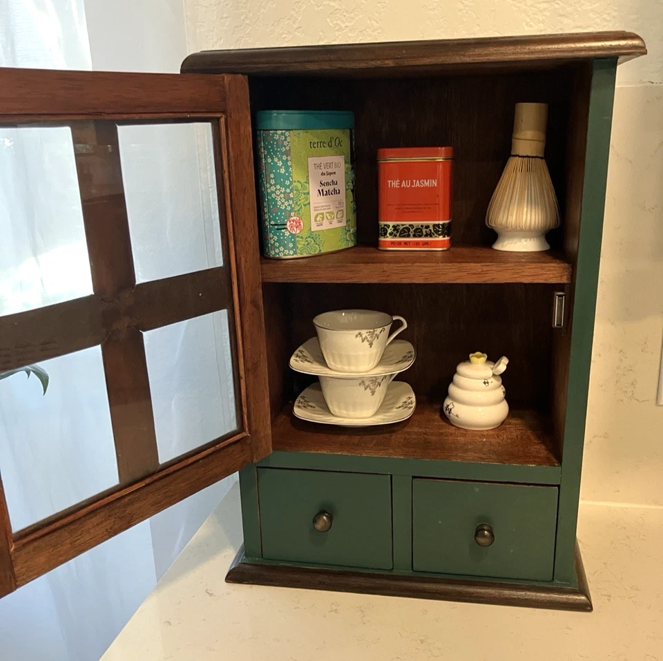 Green Vintage 19.5" Wood & Glass Wall or Countertop Spice/Tea/Multi-Use Cabinet - Image 4 of 4