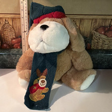 Christmas Vintage Dog Plush Stuffed Animal Brown Green Hat Scarf
