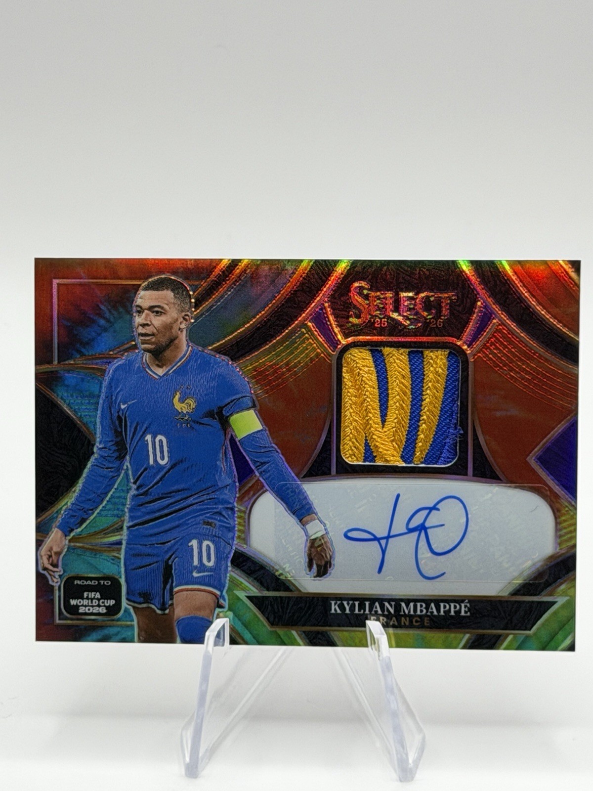 2025-26 Panini Select FIFA World Cup Prizm Kylian Mbappe Tie Dye /25 Patch Auto