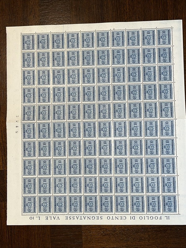 1945 ITALY SHEETS 100 STAMPS 10c 10LIRAS PLATE 3748 MINT OG WATERMARK REVENUE