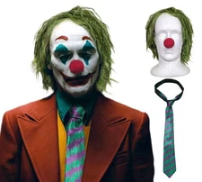 Joker Clown Costume Kit – Green Wig, “HaHa” Tie & Red Clown Nose Set for Hallowe