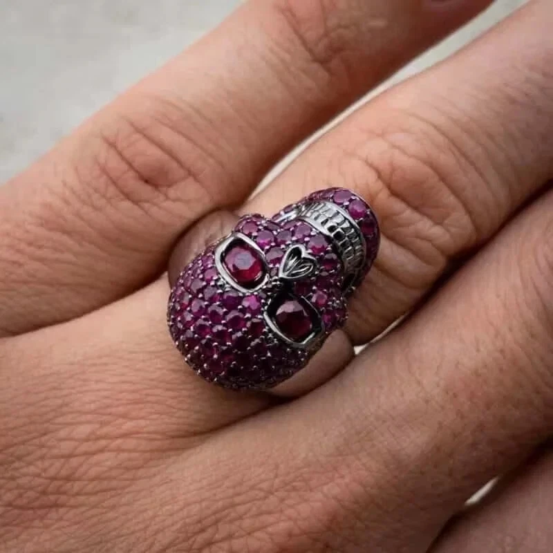 2.90Ct Round Cut Lab Created Red Ruby Skull Ring 14K Black Gold Plated Silver - Image 2 of 4