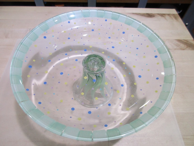 Vintage Art Deco  Green Decorative Poka Dot  Glass Round Pedestal Plate 10"