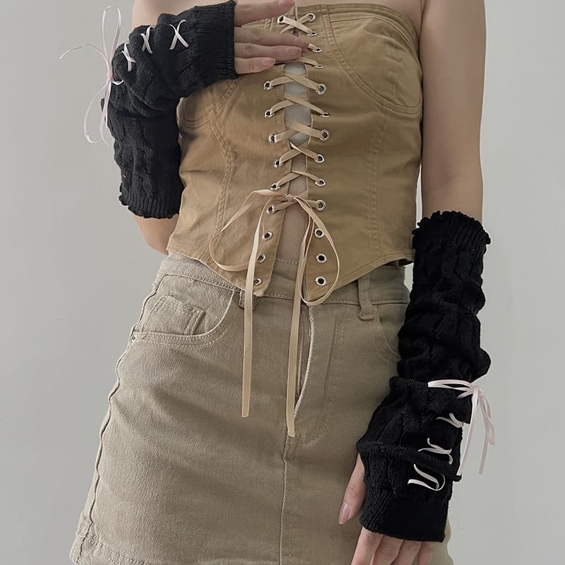 POHADON Women Cute Knitted Arm Warmers Lace Up Bow One Size Black-pink Bow