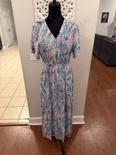 Women's Blue Pink Abstract Print Maxi Dress Medium 100% Viscose V-Neck Short Slv