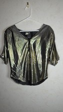 Vtg 80s Metallic Gold Lame Button Up Blouse by Hot Stuff Disco Retro Size Medium