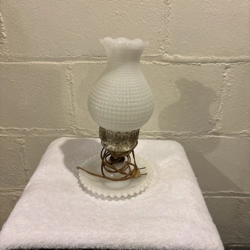 Vintage MCM Milk Glass Hurricane Hobnail Table Bedside Lamp w/Jewelry Tray NICE!