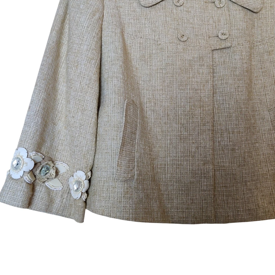 Blazer Rebecca Taylor Tweed Recortado Cuentas Joyas Beige 4 Preppy Dinero Antiguo Foto 4 de 4